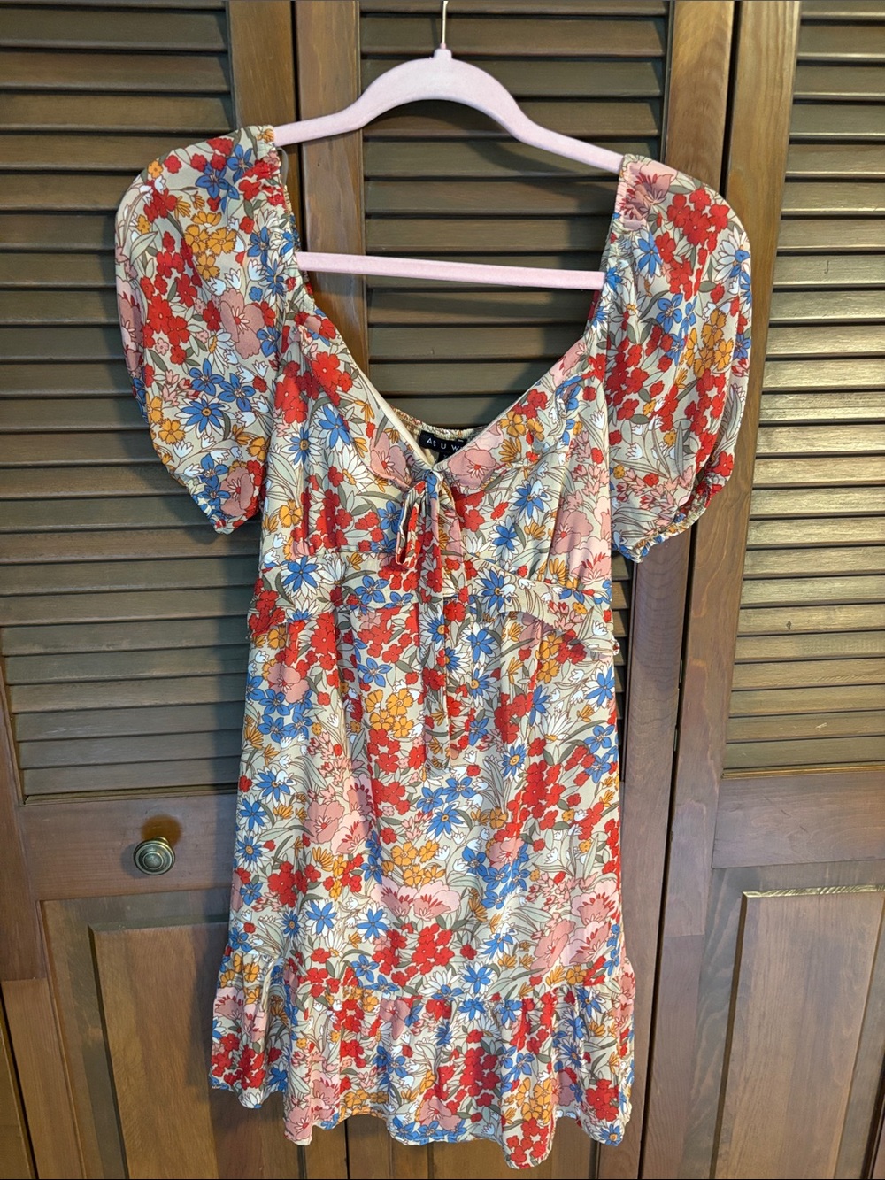 As U Wish Floral Tie-Neck Mini Dress in Red, Blue, Cream